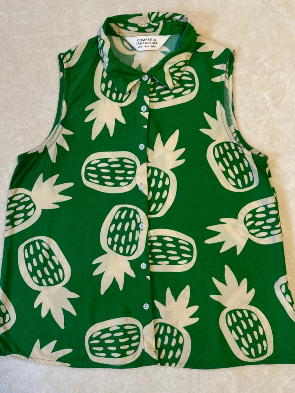 Compania Fantastica Pineapple Sleeveless Button Up Shirt Medium Green Fruitcore